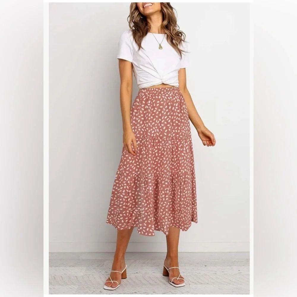 NWT MEROKEETY Women's Boho Leopard Print Skirt Pleated A-Line Swing Midi Skirts